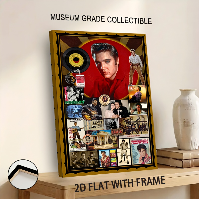 TEMU 2d Flat, 1pc 2d Flat Elvis Collage Print Framed Canvas Paint Retro Pop Art Iconic Music Star Montage Wall Art Ready To Hang Living Room Home