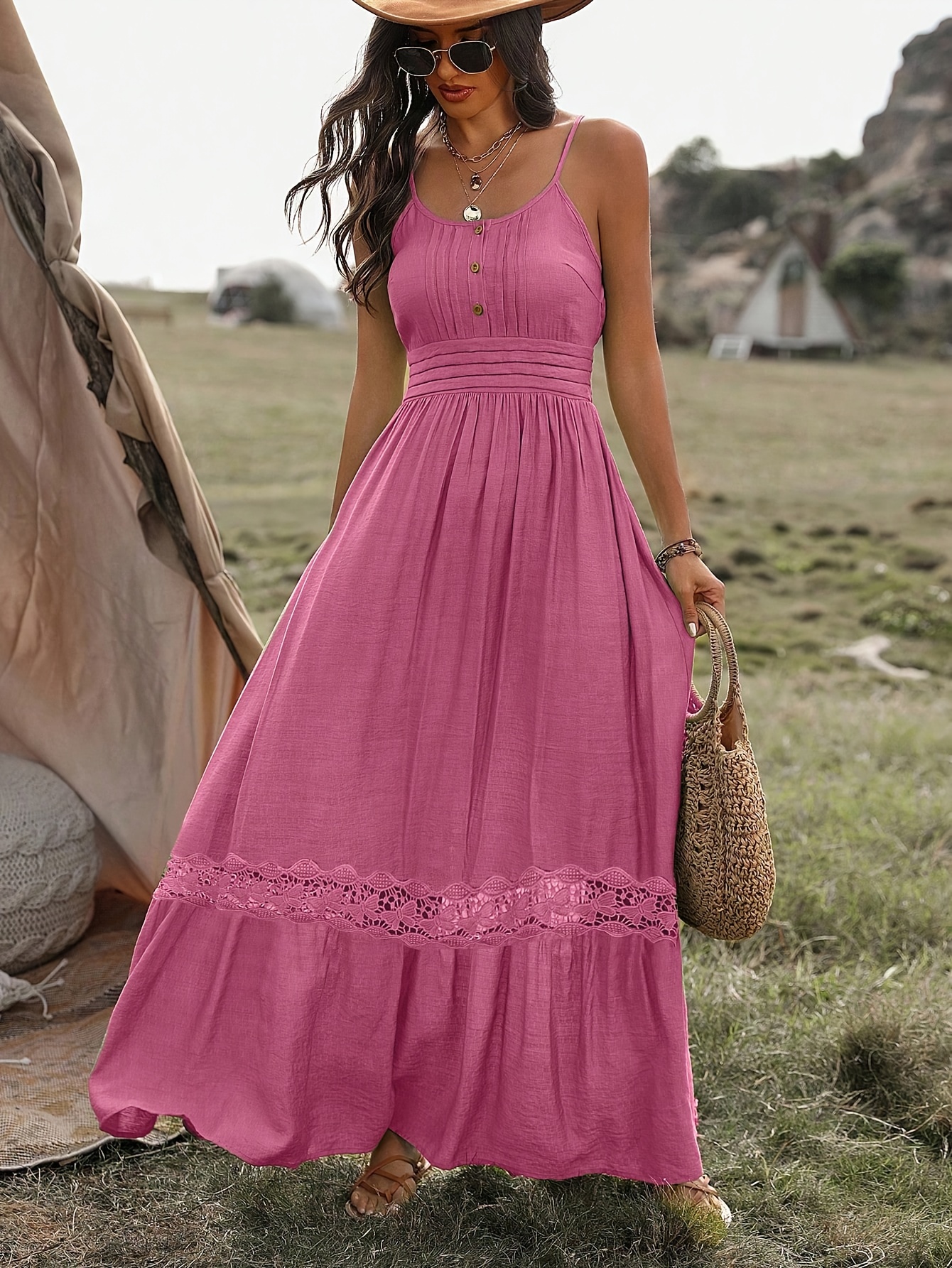 solid contrast lace long cami dress women's clothing temu - Temu Colombia