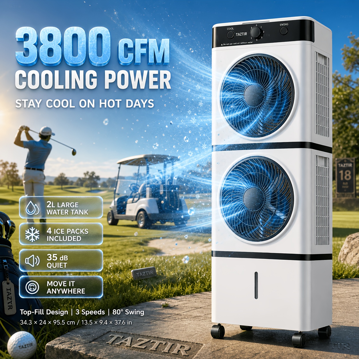 TEMU Taztir 37.6-inch 3800cfm Evaporative Air Cooler, Dual Fan 1400rpm , Top-fill Water Tank, Includes 4 Reusable Ice Packs, Honeycomb Cooling Pad,