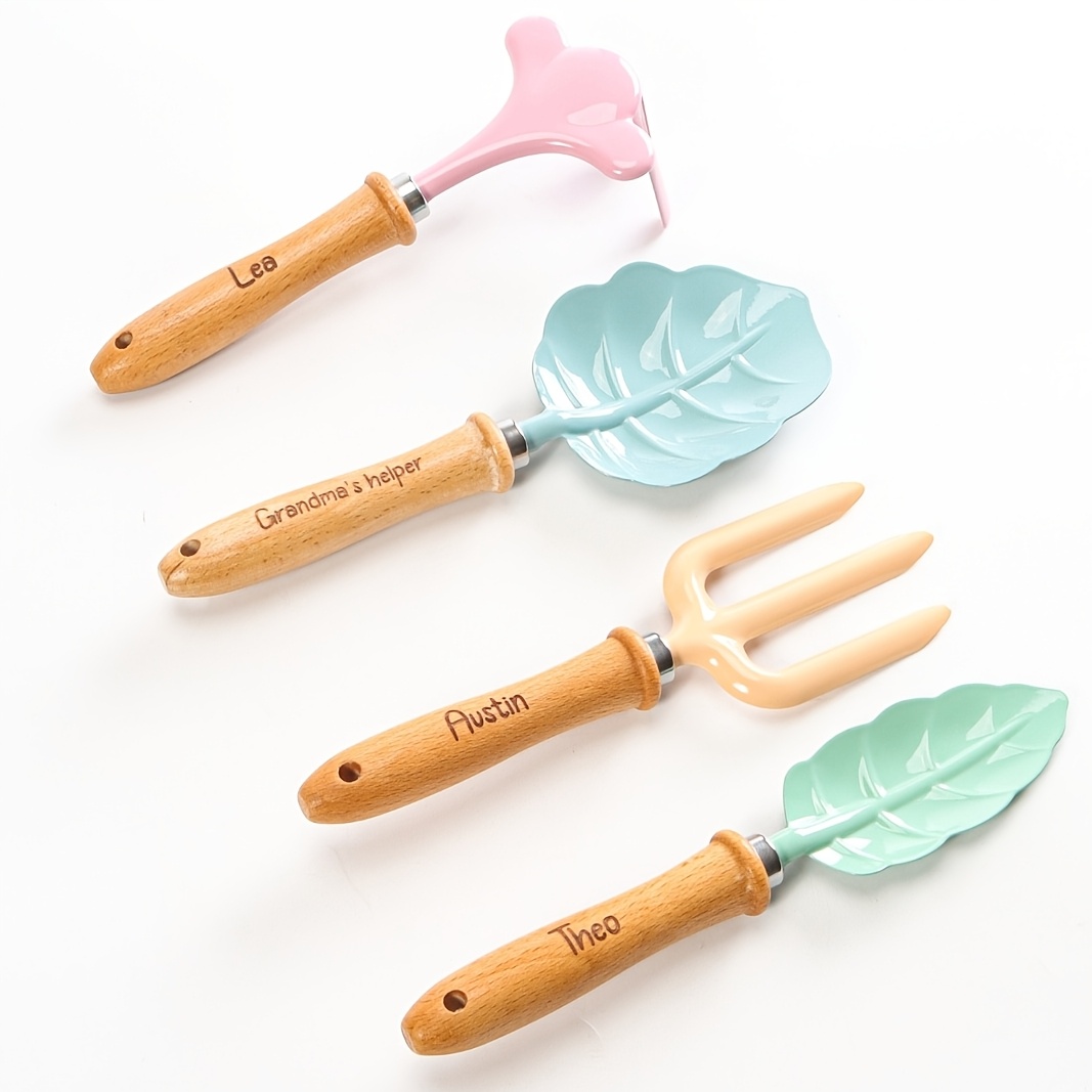 TEMU 4pcs Personalized Engraved Garden Tools Set With Wooden Handle, Custom Engraved Name Leaf Shape Wooden Hand Planting Tools, Unique Personalized