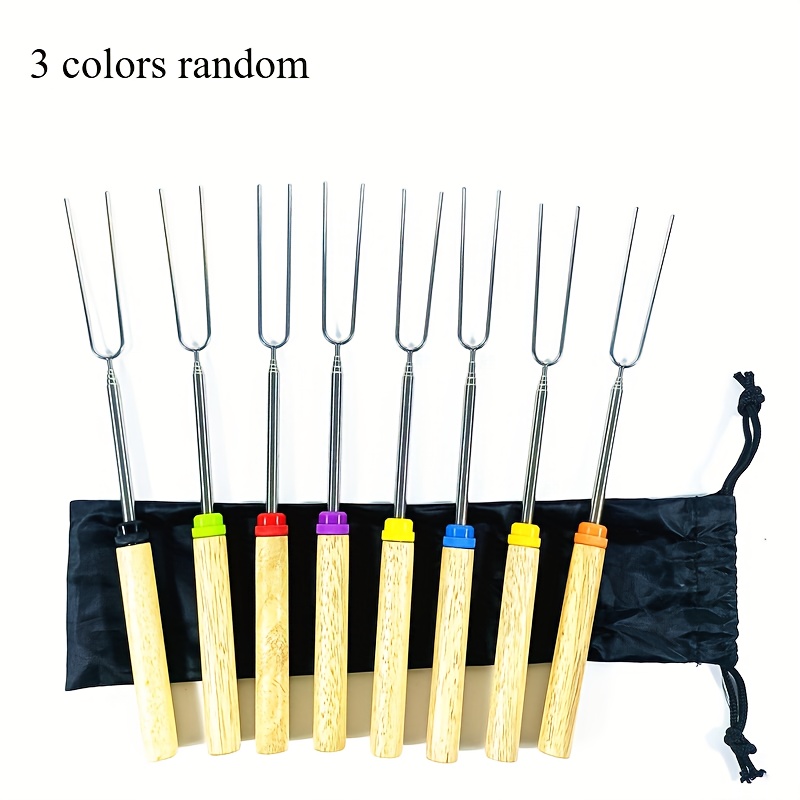 TEMU 3pcs Telescoping Stainless Steel Bbq Forks With Wooden Handles & Carrying Bag - 32" Multifunctional Skewers For Marshmallows, , Sausages,