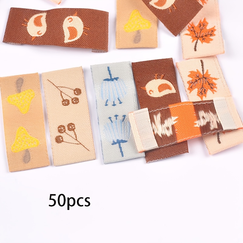 Image of 50pcs 1.5x4cm Brown /mushroom/ Embroidered Tags Clothing Sewing Additions Washable Care Bag Label Clothes Decoration Handicrafts