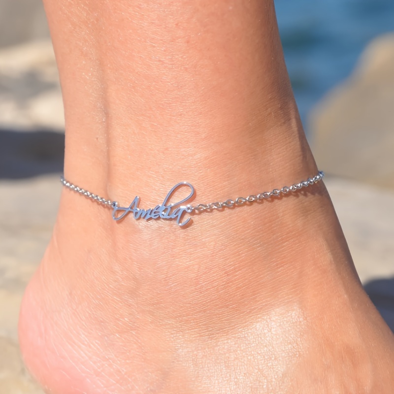 

Customized Stainless Steel Golden Name Anklet, Personalized Handwritten Font Style, Adjustable Id Special Nameplate Anklet For Ladies Jewelry Accessories For Daily Wear