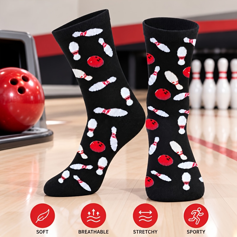 TEMU 1 Pair Men's Socks, Fun Bowling And Ball Pattern Black Mid-calf Socks, Soft Breathable Stretchy Comfortable Casual Sports Socks For Men, Fall