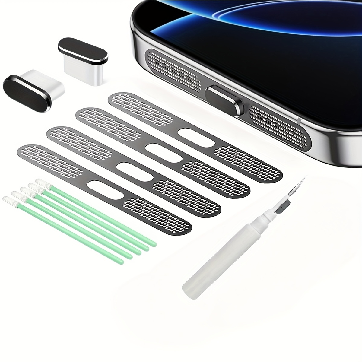 E-shop 2er Pack USB C Staubschutz, Metall Lautsprecher Staubschutz Mesh, mit Reinigungsset, Typ C Ladeanschluss Stecker Abdeckung mit Lautsprecher