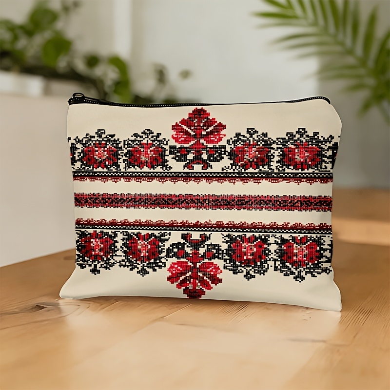 TEMU 1 Stylish And Versatile Cosmetic Bag With Red And Black Ethnic-style Embroidered Patterns. Lightweight, Wear-resistant, And Featuring