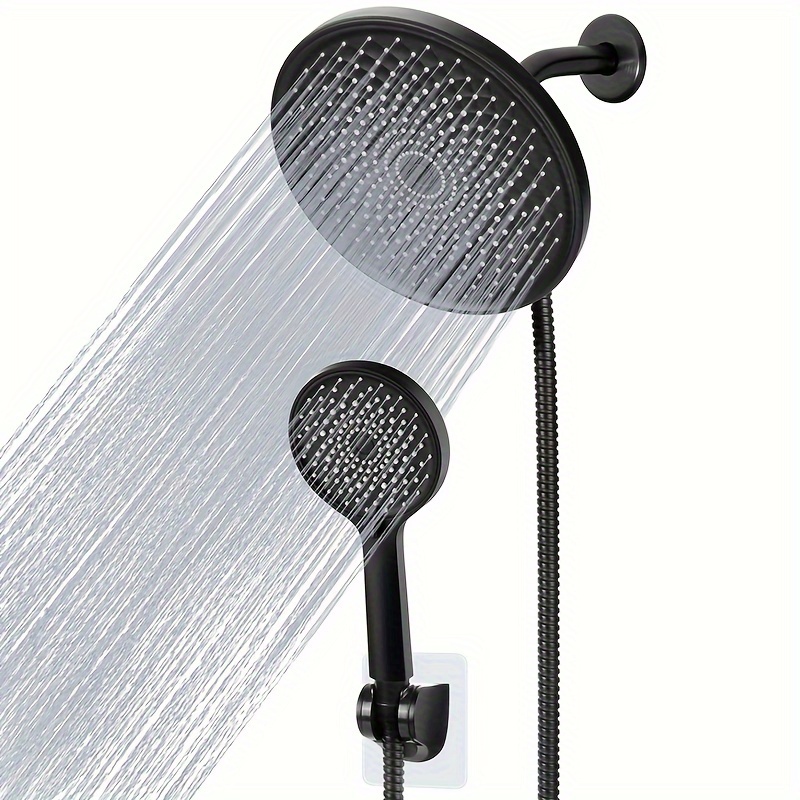 

1set 8.5'' High Pressure Rain Shower Head - Dual Shower Heads With 8 Modes Handheld Spray Combo - Wide Rainfall Shower With Anti-clog Nozzles, Adhesive Showerhead Holder