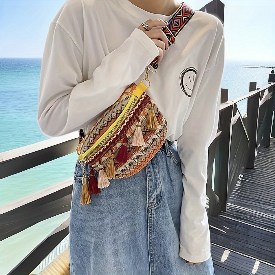 

1pc Summer Outdoor Shoulder Bag, Color Crossbody Bag, Simple Retro Ethnic Style Small Bag, Tassel Woven Chest Bag, Waist Bag