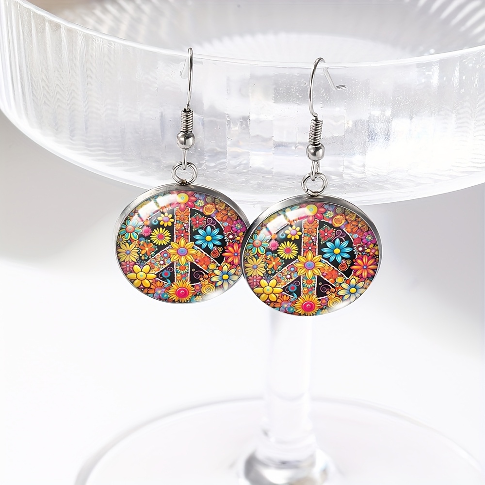 Image of A Pair Of Trendy Round Earrings Daisies And Peace Symbols, Featuring Time Gem Stainless Steel Hooks, Without Battery