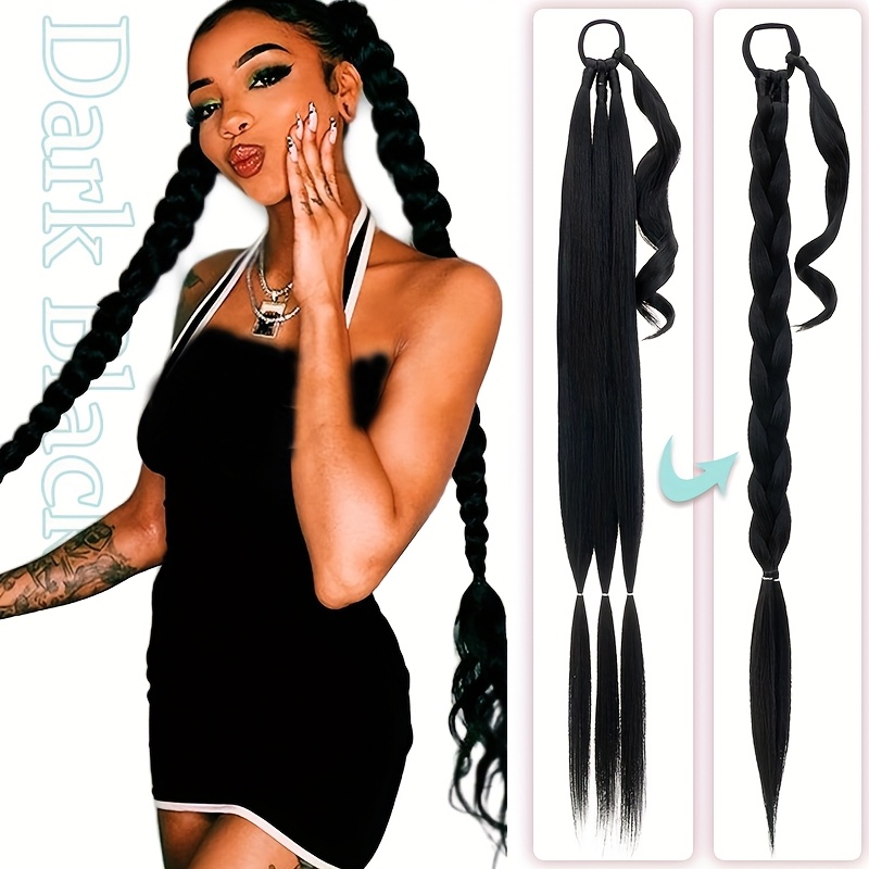Image of 34-inch Long Braided Ponytail Extension Featuring A Hair Tie, Designed For A Look With Soft Synthetic Hair. Ideal For High Ponytails, Wigs, And Braids For Women And