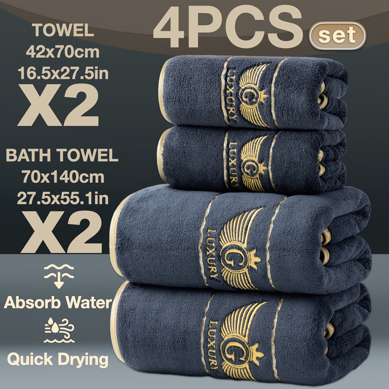 TEMU 4-pack High-quality Luxury Embroidered Towel Set, Including 2pcs 27.5 X 55.1 Inches Bath Towels And 2pcs 16.5 X 27.5 Inches Hand Towels, Thick