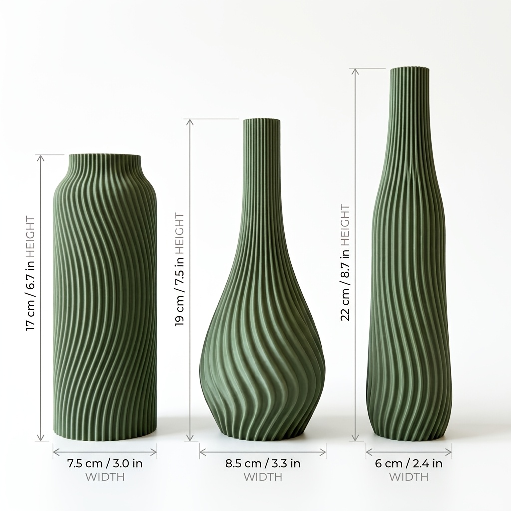 Image of 3pcs Olive Green Twisted Wavy 3d Printed Vase, Nordic - Style Shatterproof Dried Flower Vessel, Home Desktop Decor Ornament