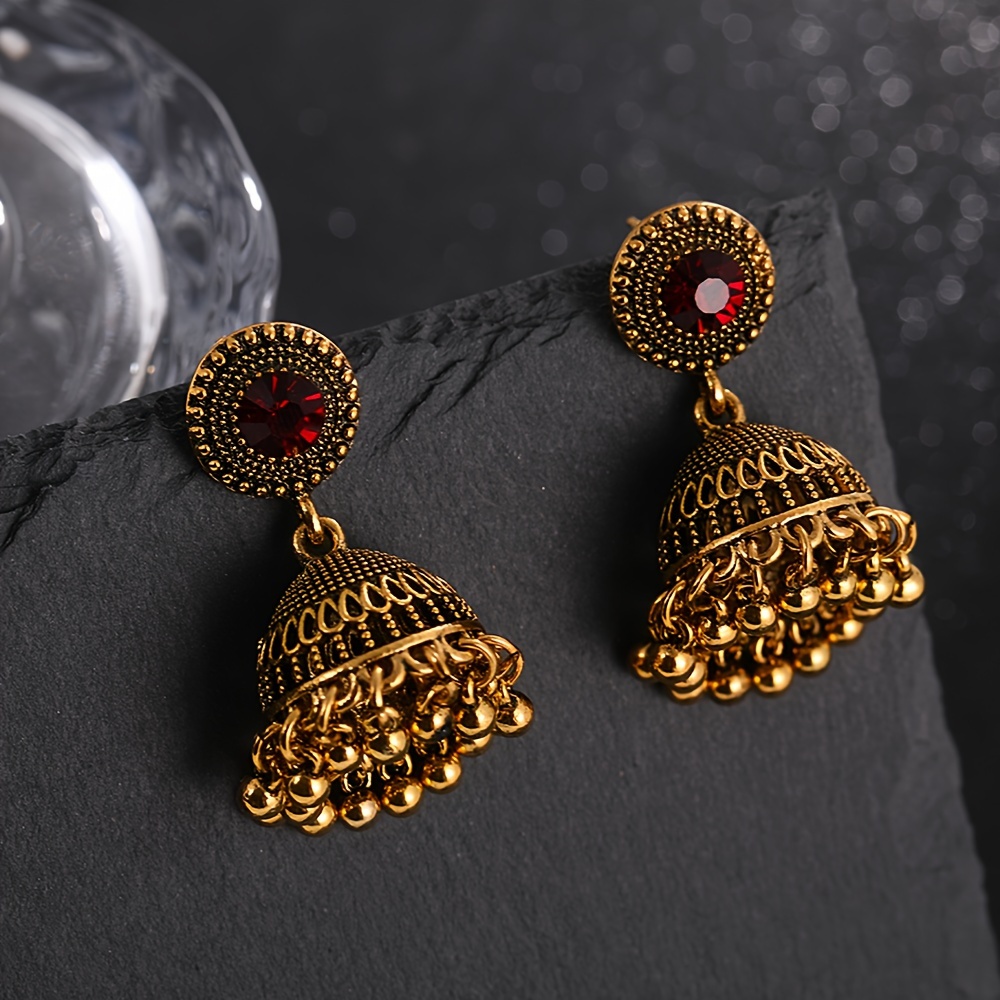 

1 Pair Bohemian Vintage Alloy Drop Earrings With Rhinestone Decor, Bollywood Ethnic Style Retro Dangle Earrings Jhumka For Women, Perfect For Daily Wear, Middle Eastern Style Gifts For Eid