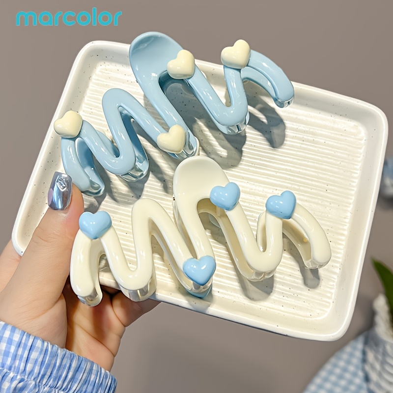 TEMU Marcolor 2pcs Wavy Curly Hair Claw Clips, Cute Shark Clips Decorated With Hearts, Glossy Acrylic Non-slip Hair Clips, Sweet Soft Claw Clips For