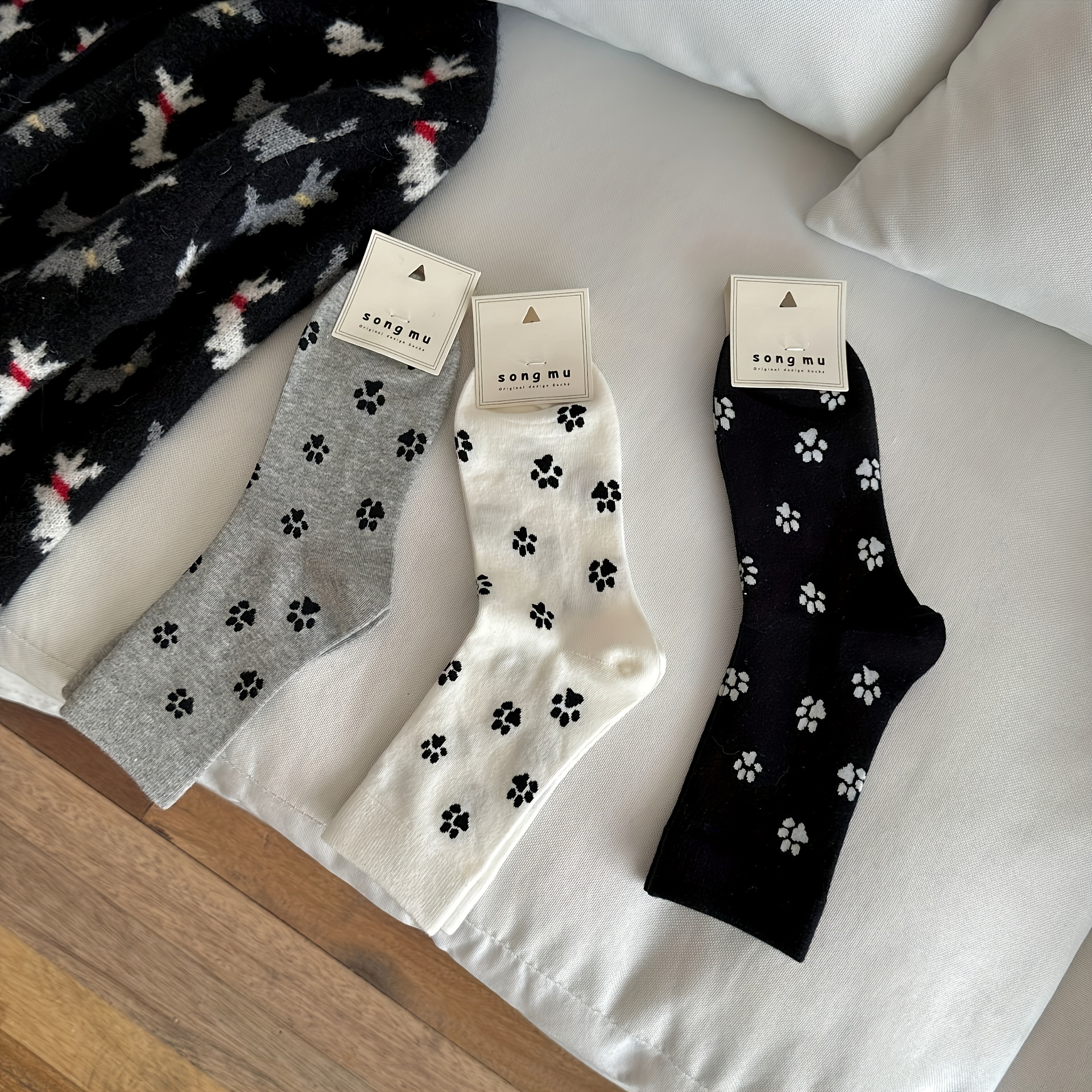 TEMU 3 Pairs Cute Cartoon Paw Print Knee-high Socks For Women, Casual College Style, Stretchy Knit Polyester And Spandex Blend, Solid Color, Hand Washable