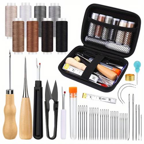 upholstery repair kit 50pcs sewing kit with 8 color sewing thread 32pcs upholstery needle sewing awl heavy duty sewing kit for hand sewing car sofa shoe backpack craft diy
