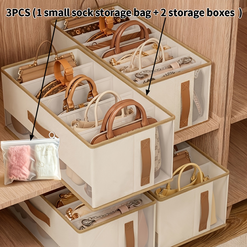 TEMU 3pcs Foldable Storage Box ()(2 Storage Boxes   1 Sock Storage Bag)-made Of Thick Non-woven Fabric, With Transparent Cover And Multi-compartment