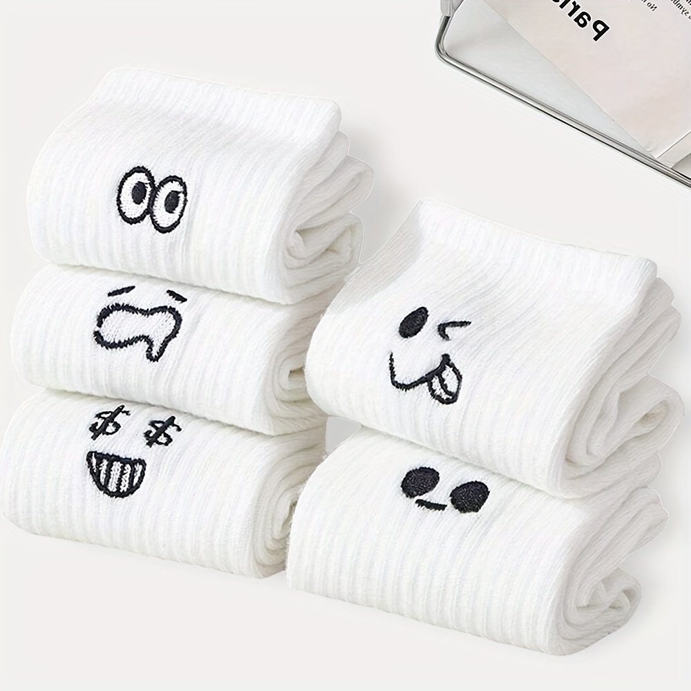 

5 Pairs Cartoon Expression Socks, Funny & Simple Mid Tube Socks, Women's Stockings & Hosiery