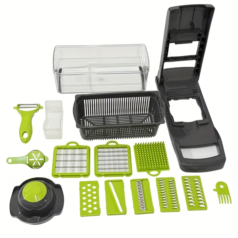 TEMU Légumière de cuisine 16 pièces, hachoir multifonction pour couper en dés et râper avec lames interchangeables