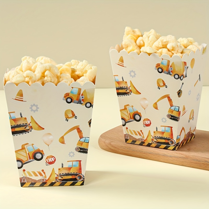 

8-piece Construction Vehicle Themed Popcorn & Candy Boxes - Excavator Pattern Snack Containers For Birthday, Wedding Parties & Decorations