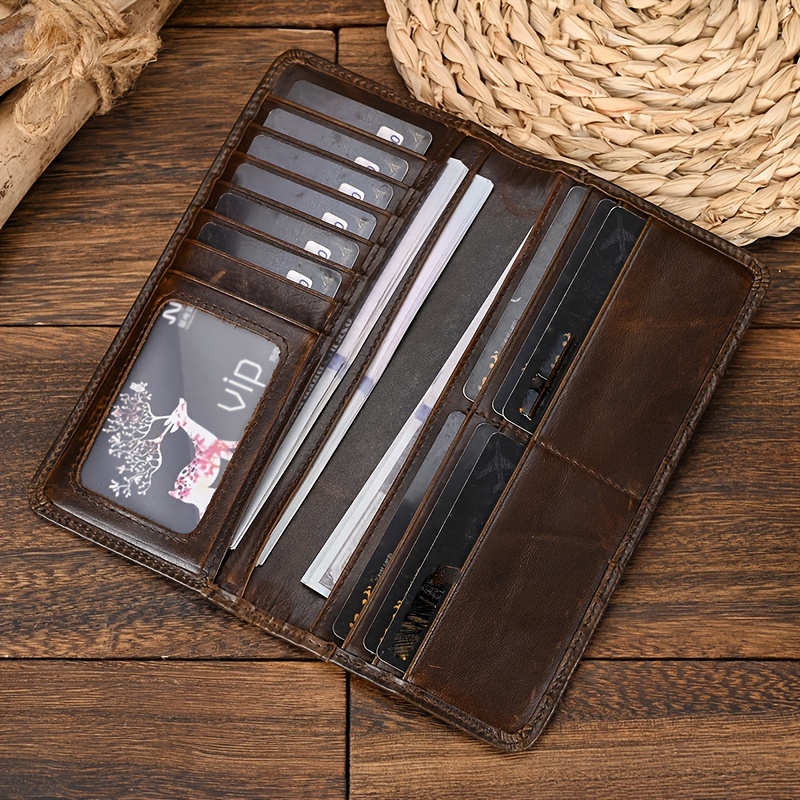 High-quality Men's Vintage Genuine Leather Bifold Wallet - Elegant And Long Style Featuring Credit Card Slots For
