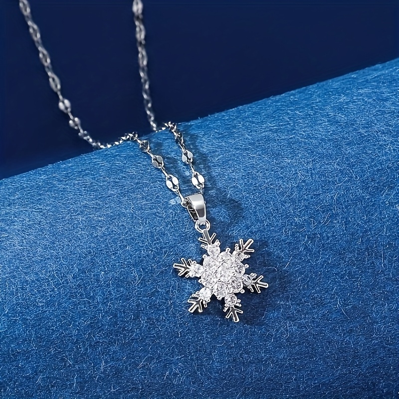 TEMU 1pc Women's Fashion Copper-inlaid Synthetic Zirconia Simple Snowflake Pendant Necklace With Stainless Steel Chain, Fashion Jewelry Gift For