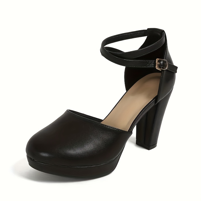 Ankle Strap Black Pumps Round Toe Women's High Heel Dress Shoes - Main Image