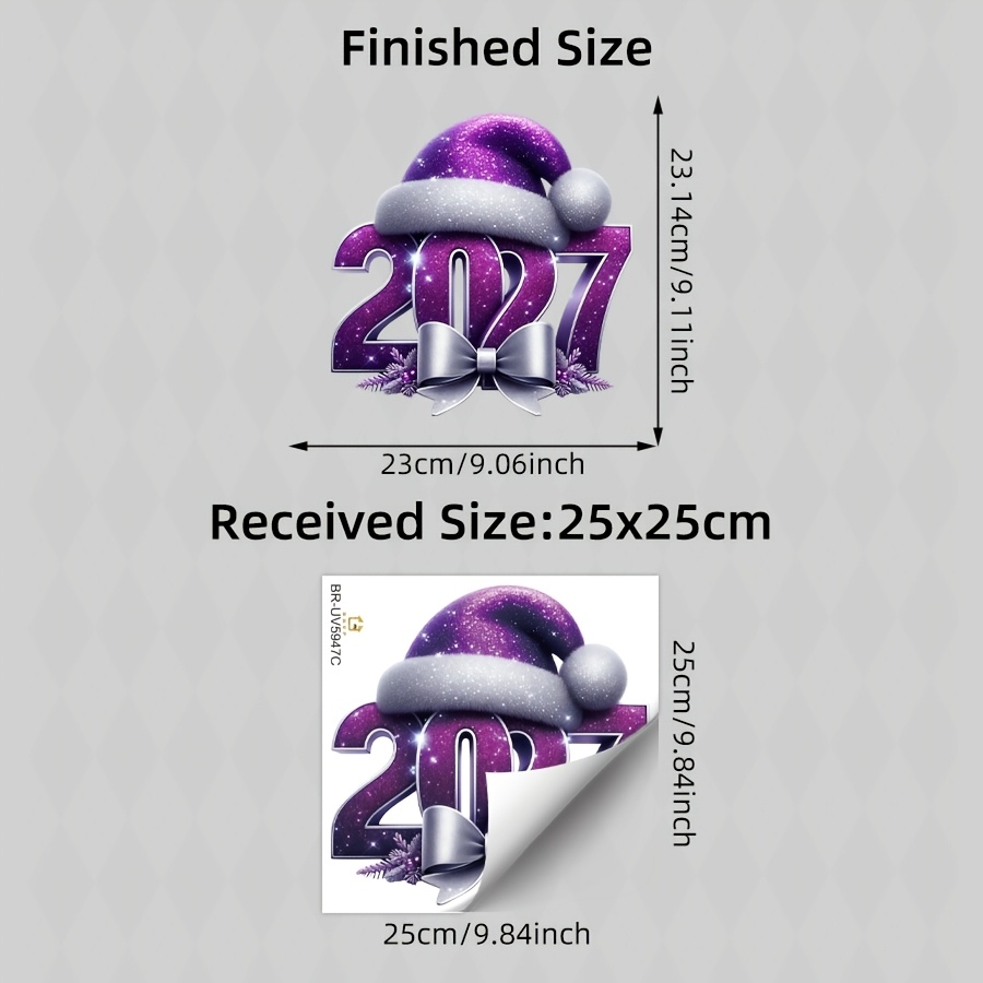 TEMU 1pc Christmas New Year Purple 2027 Santa Hat Glass Sticker, Static Cling Window Sticker, Double-sided Reusable Decal With Pine, For Indoor Xmas