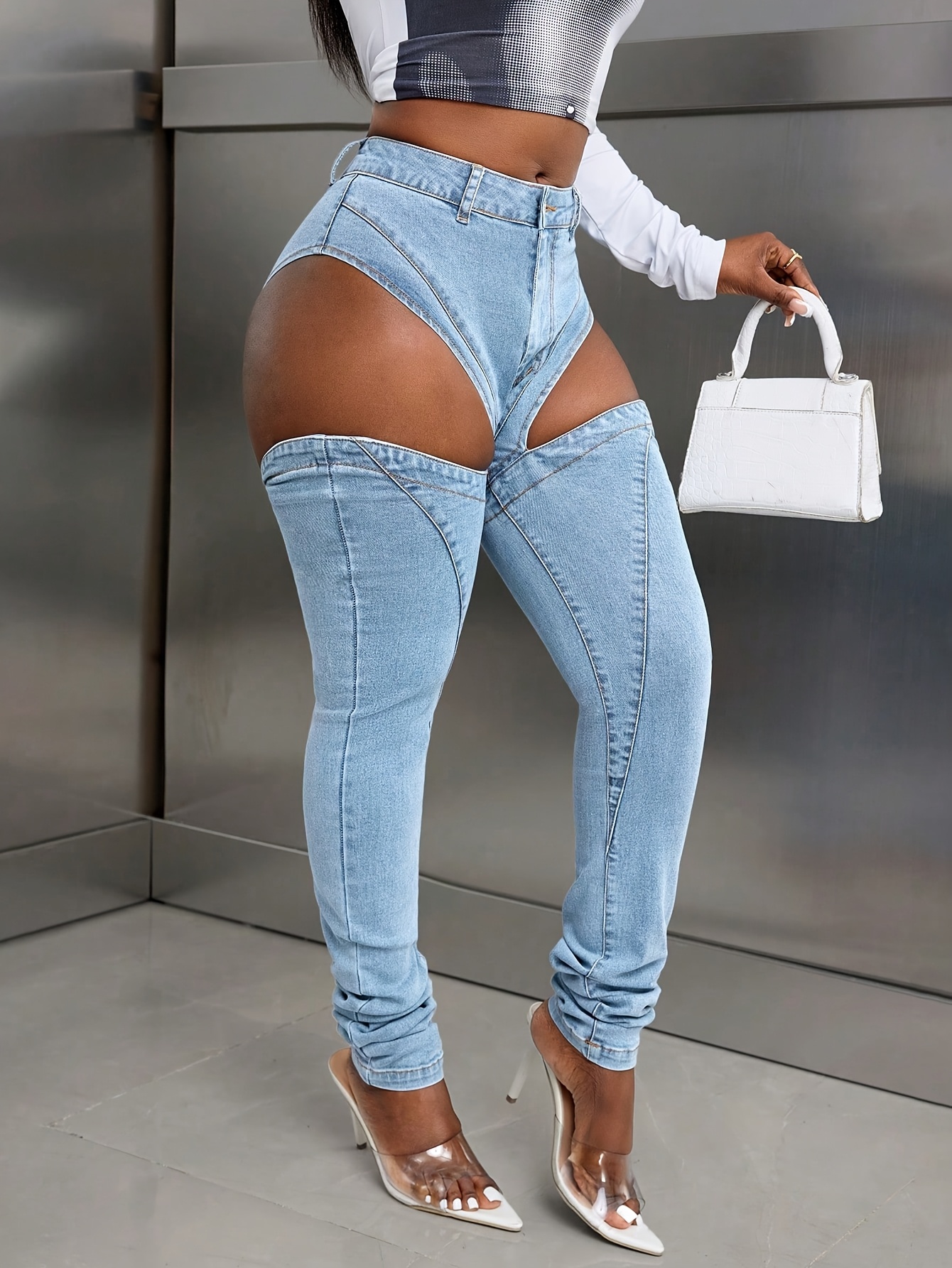 womens high waisted stretch denim capri pants cut detail Temu