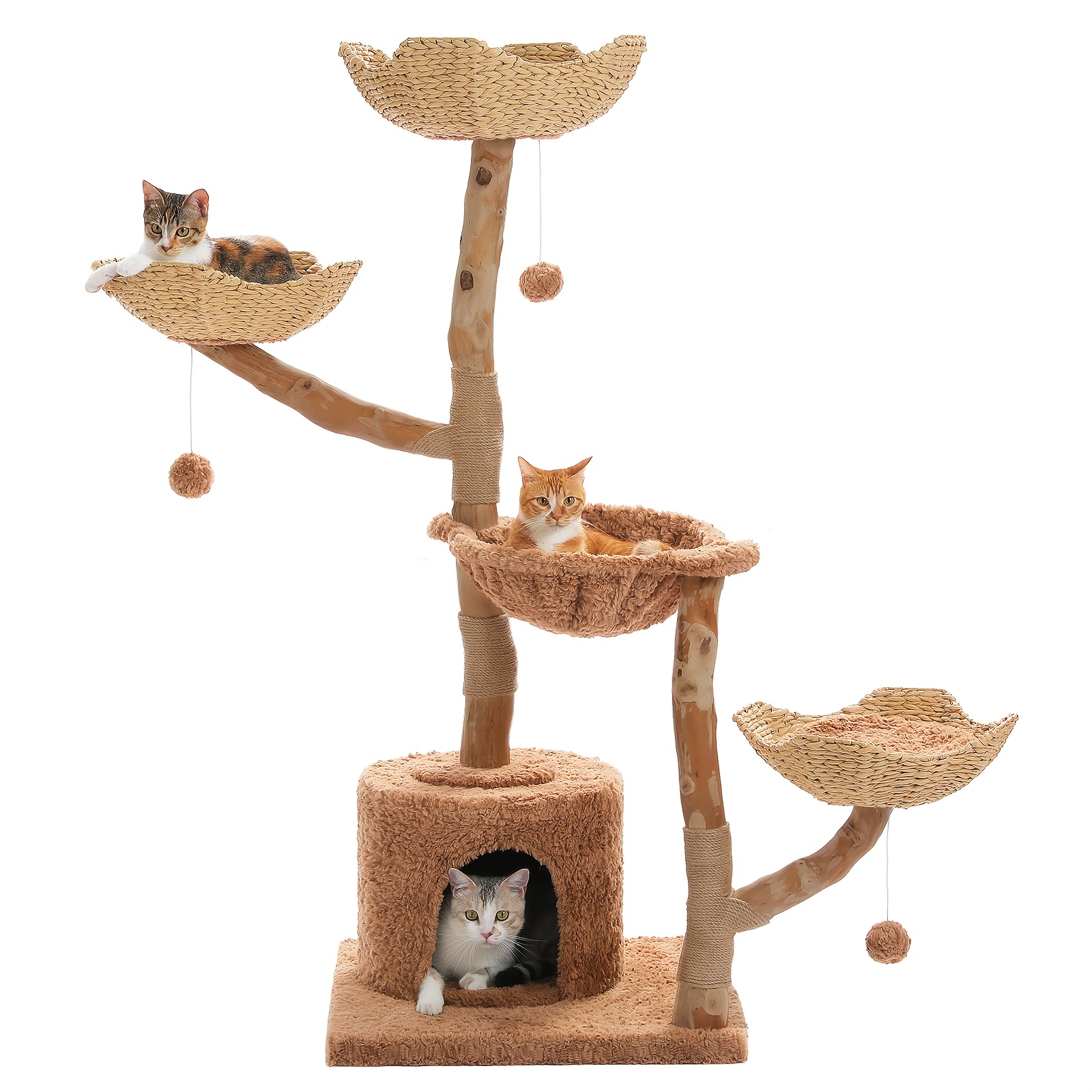 Road 150cm Modern Cat Tree For Large Cats, 5-level Wooden Cat Tower With 3 Rattan Baskets, Hammock, Cat Cave And Sisal Scratching Posts, Brown