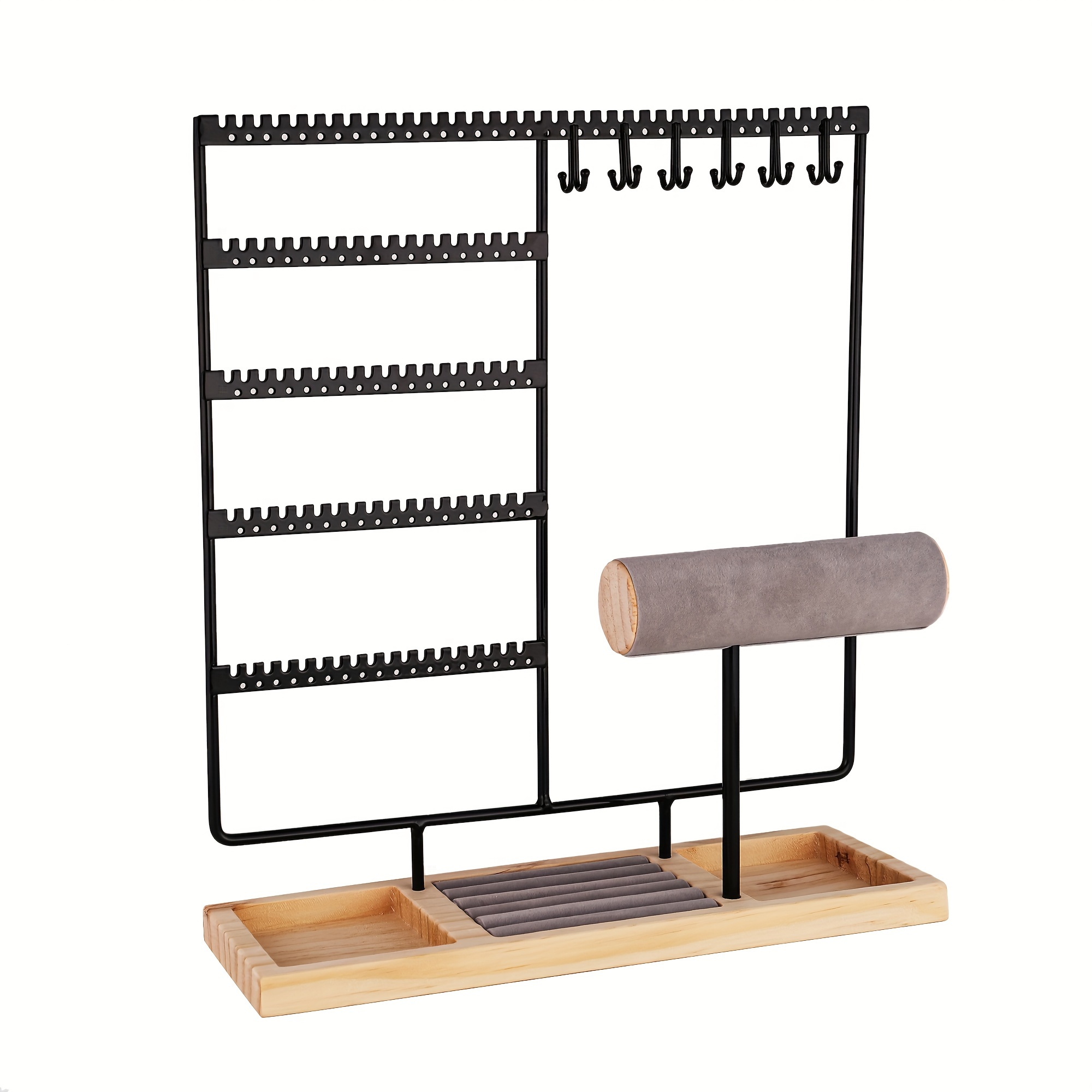 TEMU Jewelry Organizer Holder For Earrings, Necklaces, Rings, And Bracelets, Display And Storage Tree With 90 Holes, 12 Hooks, Ring Tray, 10 Wooden Bracelet Slots/ Base/paper Box Packaging