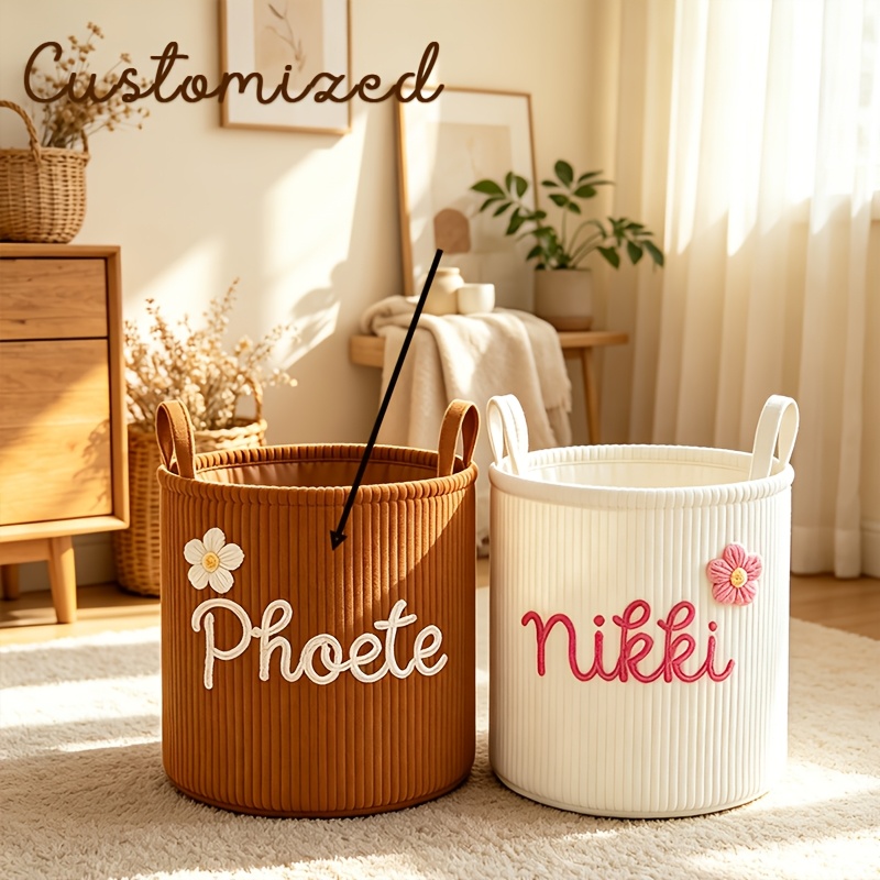Personalized Name Corduroy Storage Basket with Carry Handle, Large Capacity