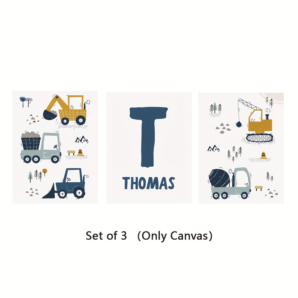 TEMU 2D Plat, 2D Plat, 3-delige Set Gepersonaliseerde Canvas Posters met Optioneel Frame, Trucks Boy Kamer , Gepersonaliseerde Naam Kinderkamer