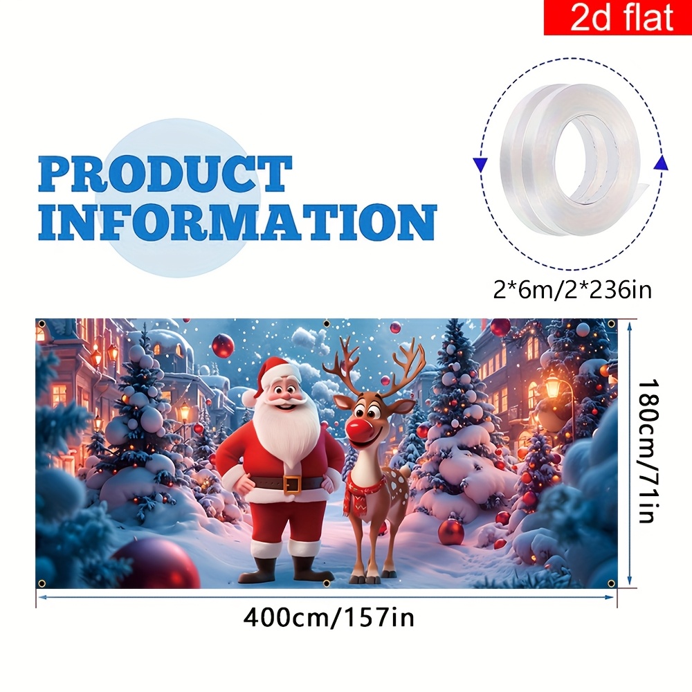 TEMU Banner plat 2D, 1 pièce Grand Bannière de Porte de Garage en Polyester pour Noël, Motif Père Noël et de Neige Cartoon, Durable, Facile à