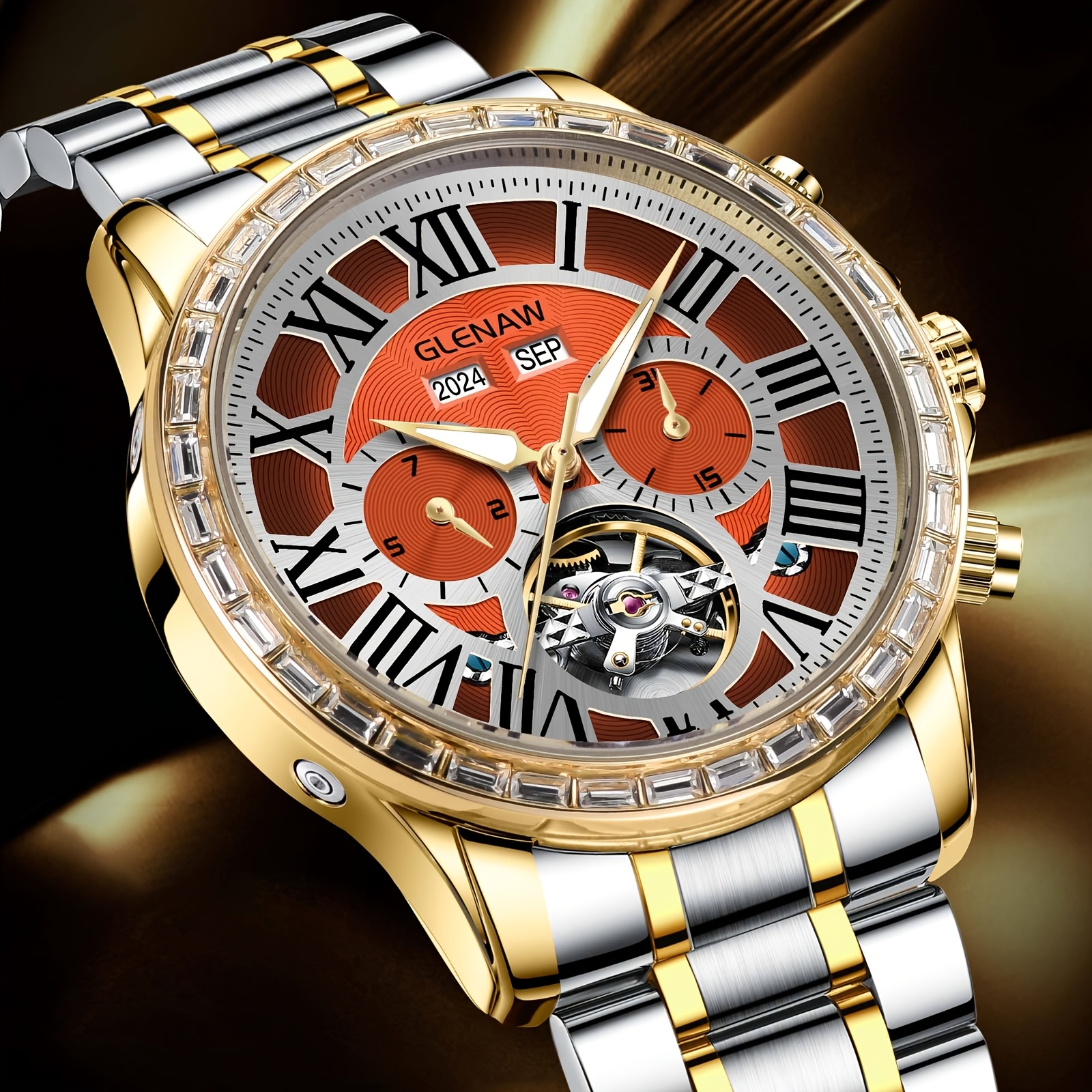 Image of Glenaw Automatic Watches For Men, Roman Graduated Multifunctional Multi-'s Mechanical Watch With Year, Month, Day, Day And Day Display, Without Battery