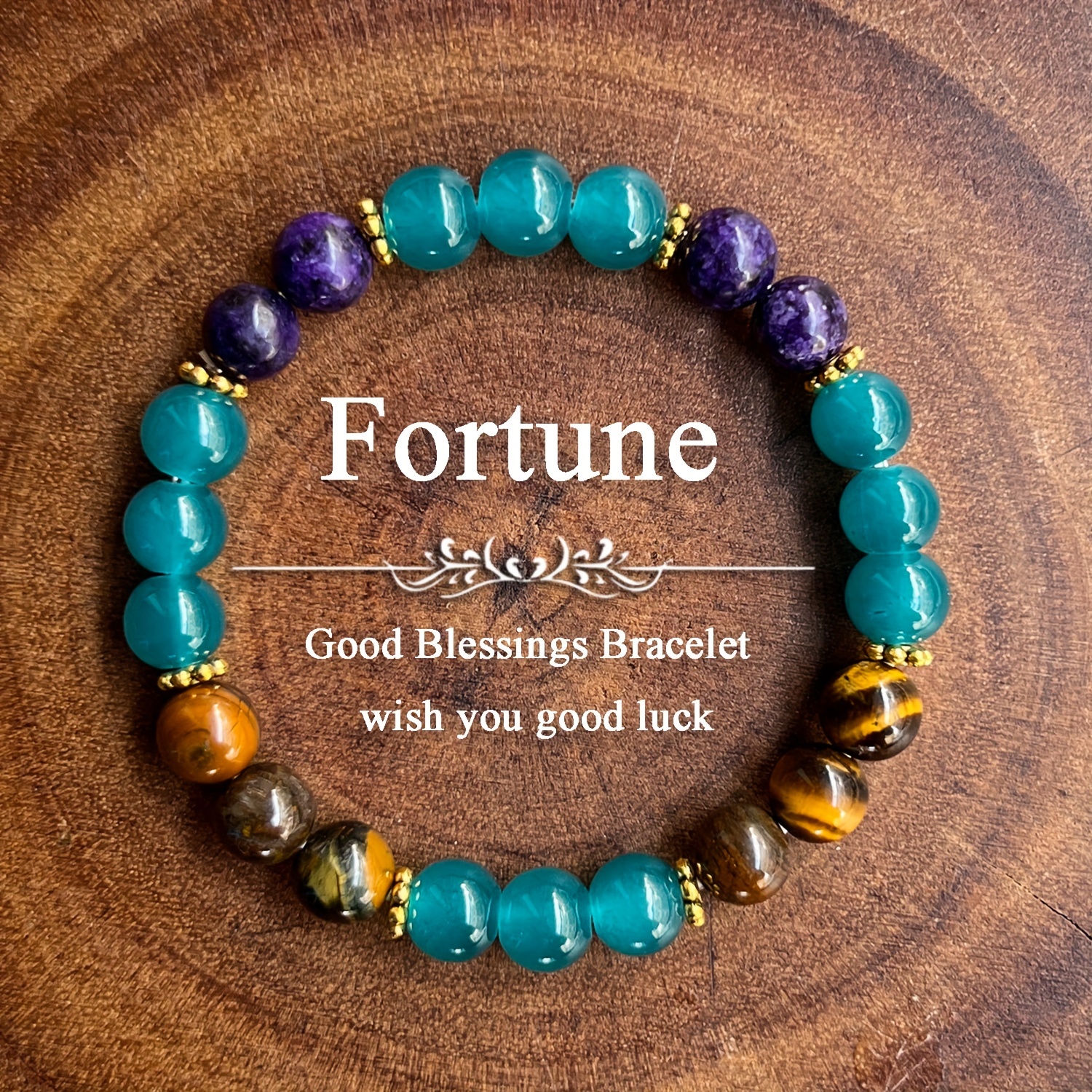 

1pc Good Luck Gemstone Bracelet - Elastic Beaded Bracelet With Eye, Amethyst, And Turquoise Stones For Women