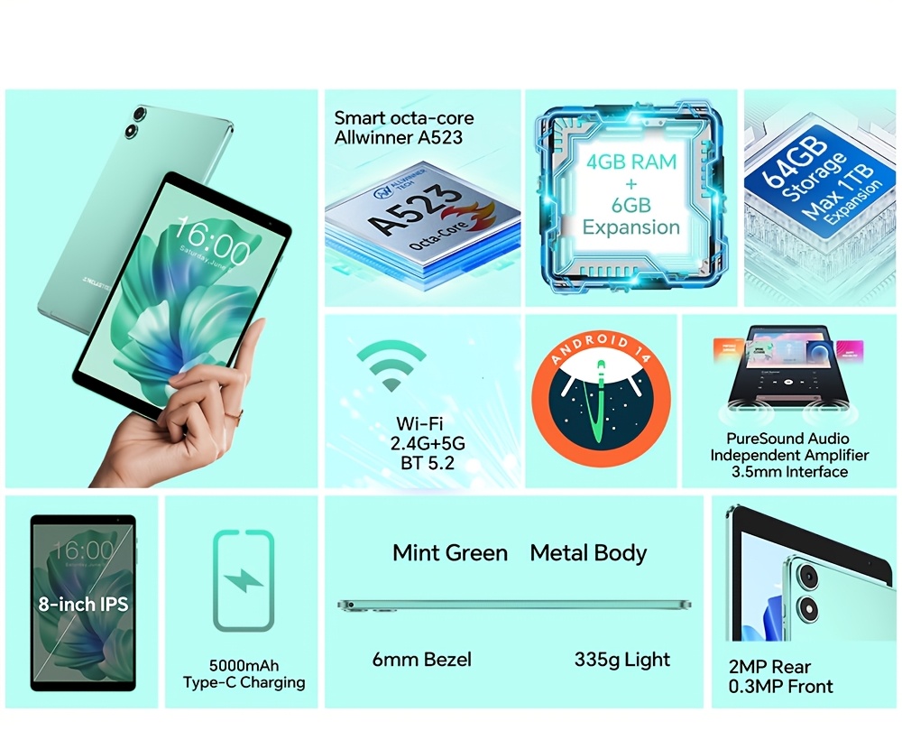 Tablette Teclast P85T 8" Verte - 4/64 Go, WiFi, 1,8 GHz, Neuve