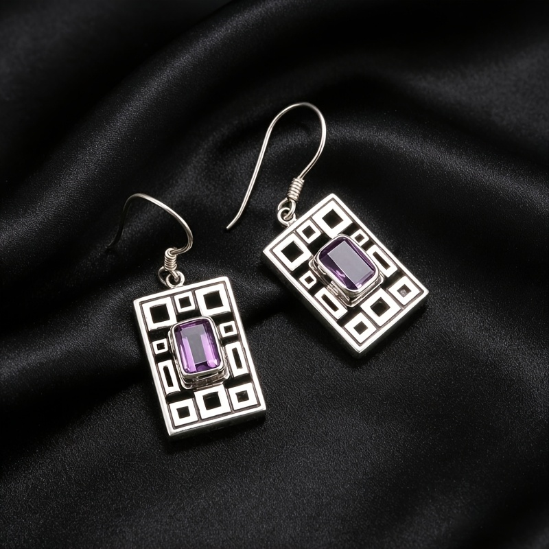 TEMU 1 Paire de Boucles d'Oreilles Pendentifs Géométriques en Zirconia Synthétique Violet avec Crochets Rétro de Boîte pour Bijoux pour Femme