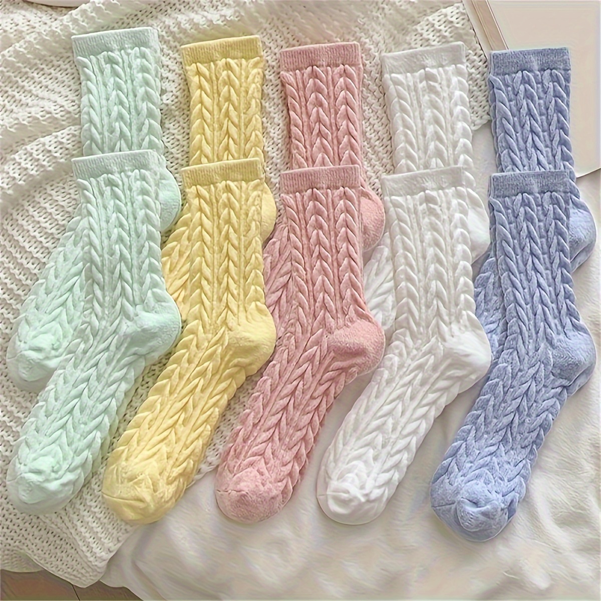 

5 Pairs Solid Pastel Plush Socks, Warm Mid Tube Floor Socks For Fall & Winter, Women's Stockings & Hosiery