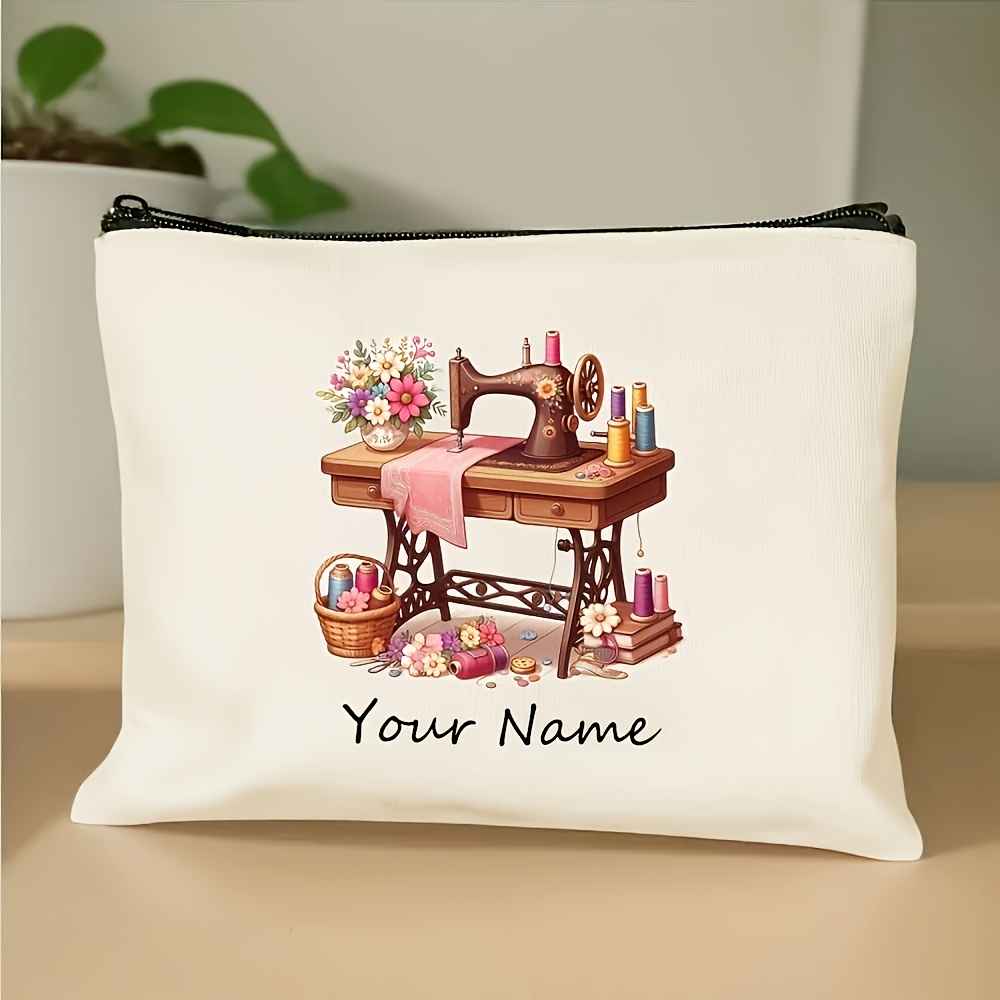 TEMU Personalized Vintage Sewing Machine & Craft Storage Bag - Large Zippered Beige Fabric Case Suitable For , Custom Name/text, Durable Suitable For