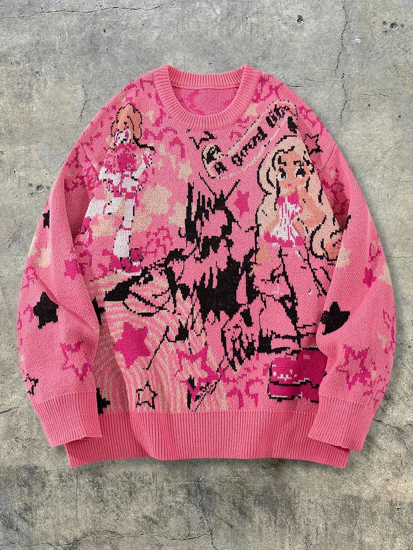 Autumn and Winter Men's and Women's Unisex New Loose Simple Solid Ribbed Anime Cartoon Character English Letter Star Fun Pattern Cute Youthful Casual Street Style Fabric Long Sleeve Crew Neck Pullover Top