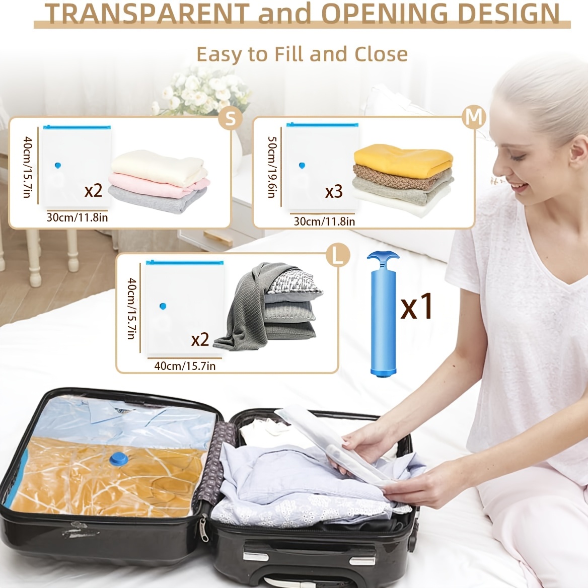 TEMU 8pcs Vacuum Compression Storage Bag Set With Portable Hand Pump - Large + Medium + Small + Hand Pump - Suitable For Bedding, Clothing, Travel