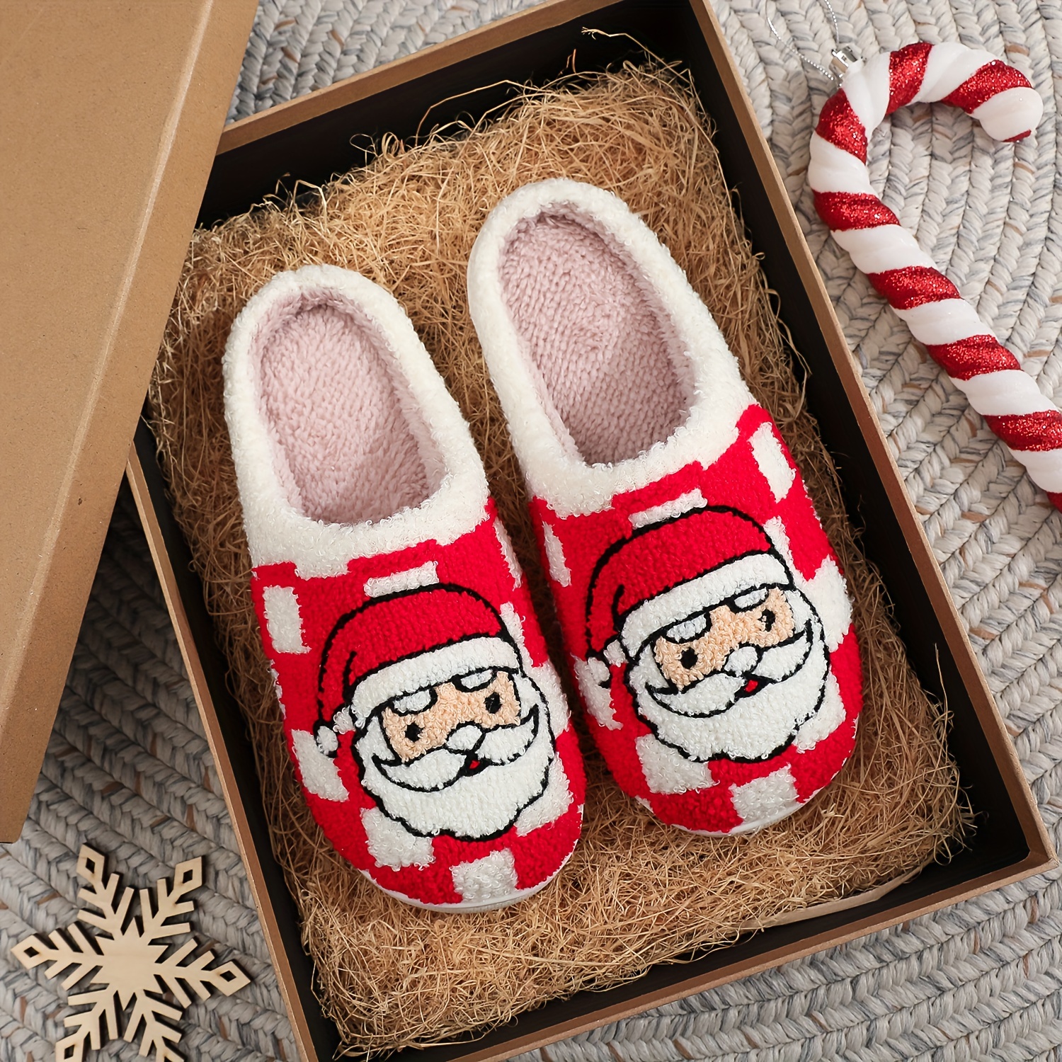 

Cozy Christmas Santa Embroidered Slippers For Men - Soft, Warm Fabric With Non-slip Tpr Sole