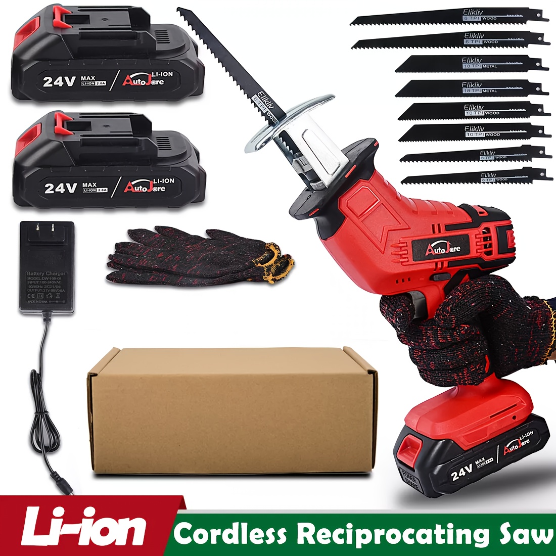 

24v Reciprocating Saw 2 Batteries, Charger, 8 Blades, Gloves - Abs , 110v/220v, Us , Rechargeable Battery, Battery-/ Adapter