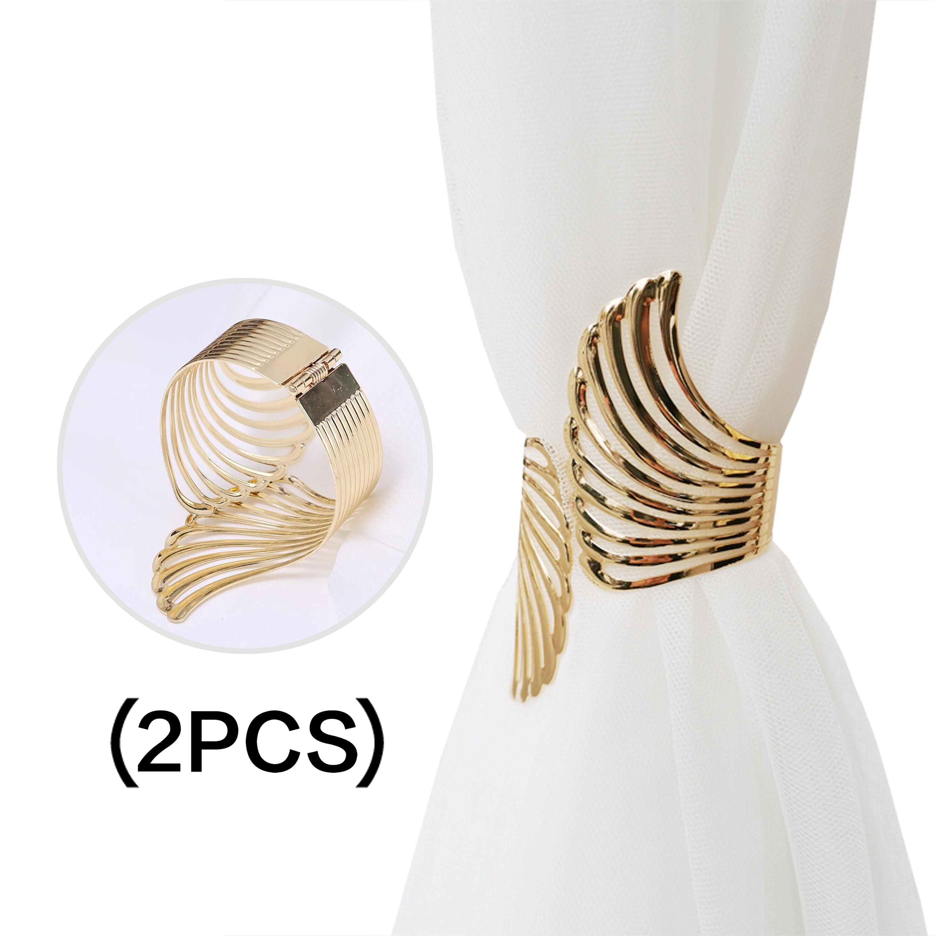 Image of 2pcs Golden/silvery Creative Wings Pattern Spring Curtain Tiebacks, Adjustable Skeleton Curtain Clasp, Used As Napkin Grommets, Used For Bedroom, Living Room Curtains