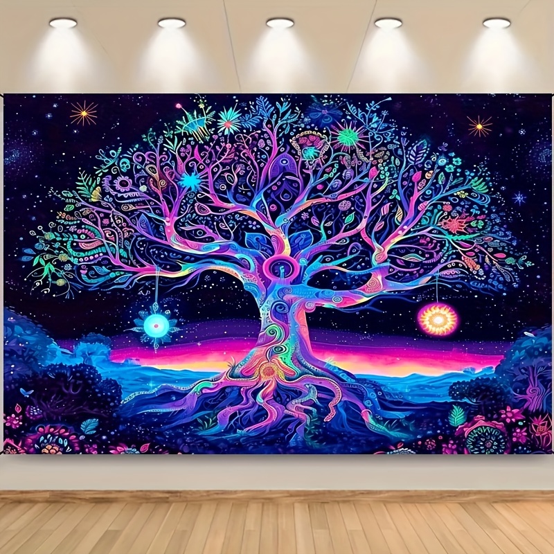 

1pc Tree Of Life Sun Moon Fluorescent Background Peach Skin Velvet Mandala Background, Uv Black Light Tapestry Wall Hanging For Living Room Bedroom Dorm Room Home Decor