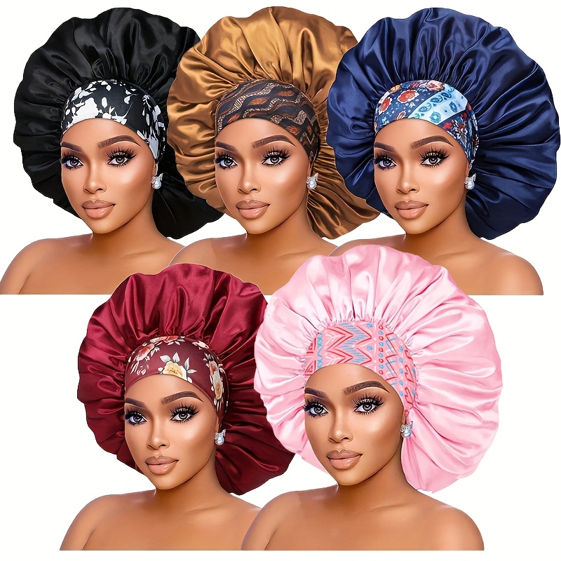 TEMU 5pcs Classic Printed Pattern Girls' Protection Soft High-elastic Sleep Cap, Skin-friendly Fiber Fabric Women's Satin Sleep Cap, Women's Shower