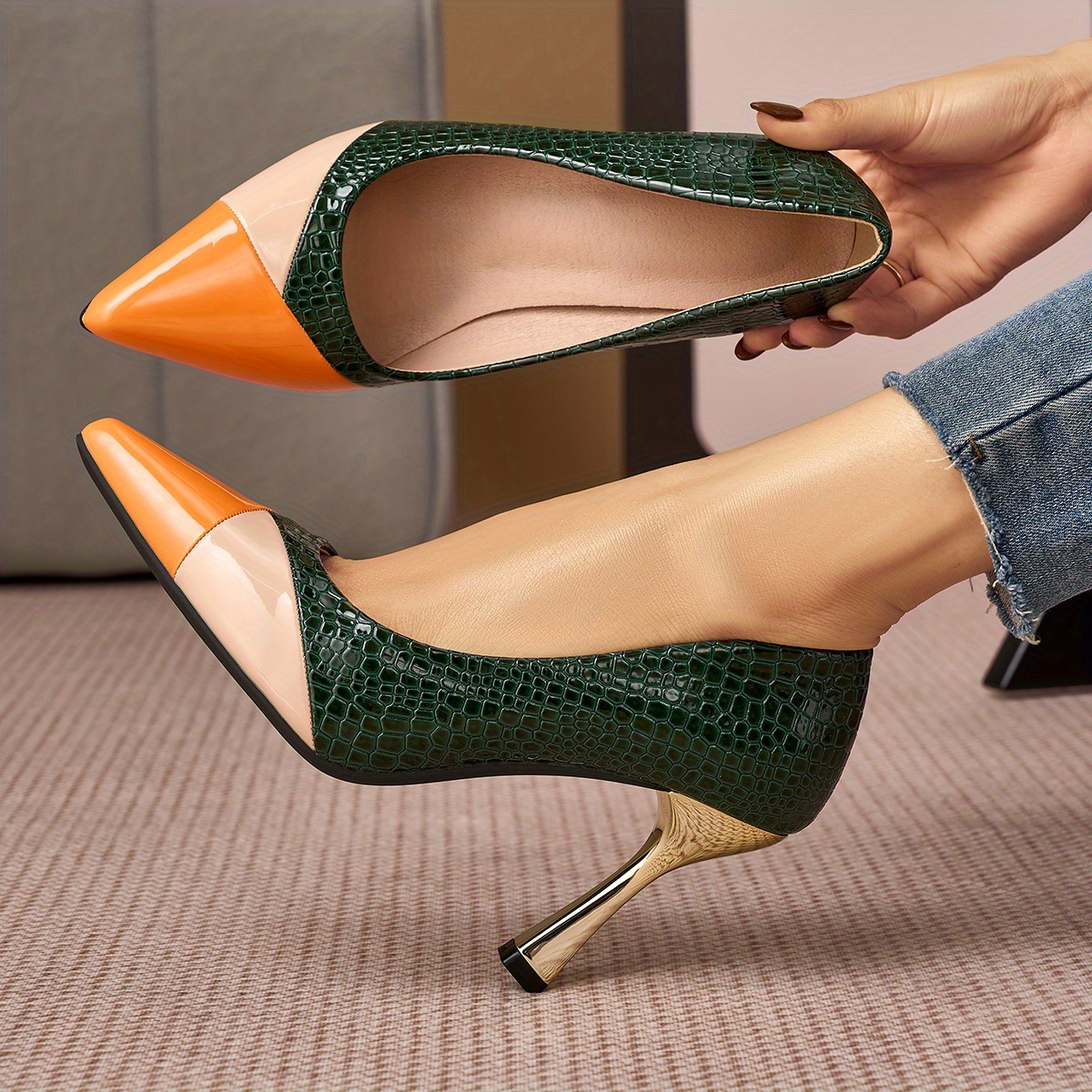 TEMU Comfortable Temperament Color-block Professional Commuter Super High Heels Spring New All-match Pointed Toe Fashionable Thin Heel Single Shoe
