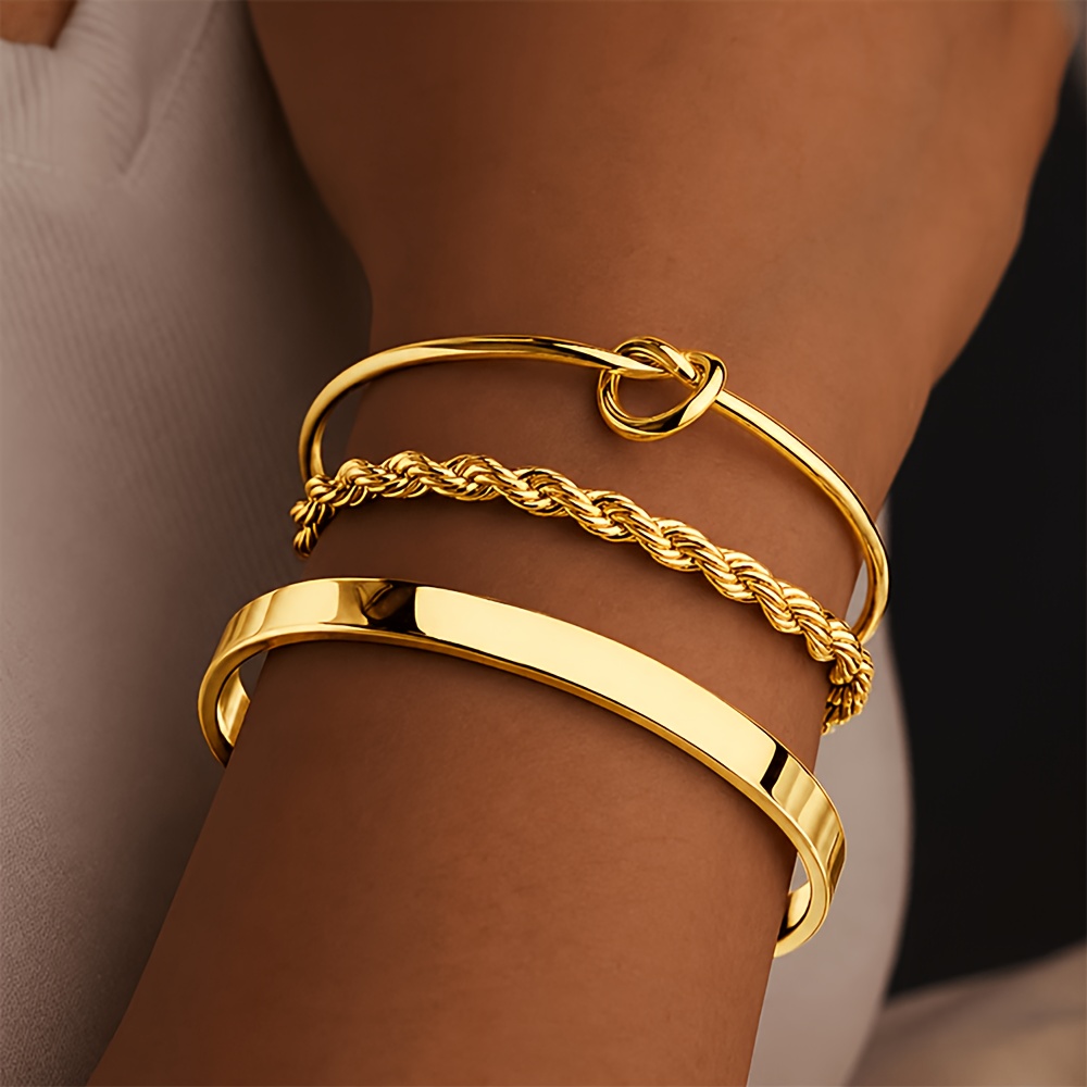 TEMU Ladies' 3pcs Set: 18k Gold-plated Stainless Steel Bracelet, Heart Knot Open Bangle, Twisted Rope Chain, And Simple Smooth Bracelet. Waterproof