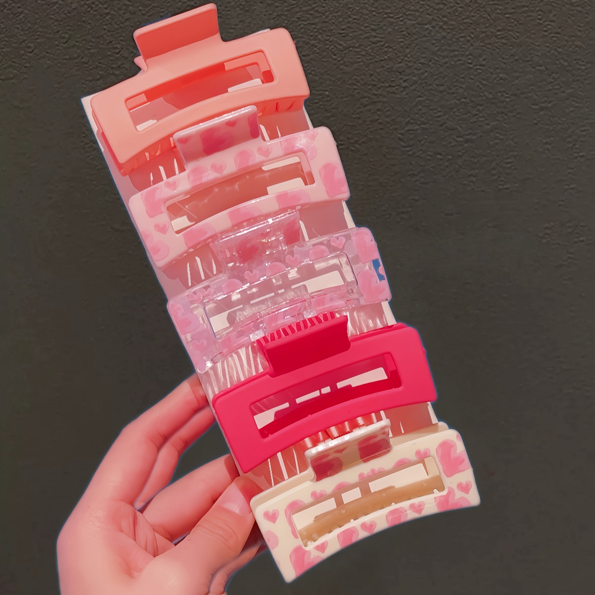 TEMU 5pcs Pink Heart Easy Matte Rectangular Hair Claw Clips Back Of Head Ponytail Hair Grabbers Multi-volume Shark Clips